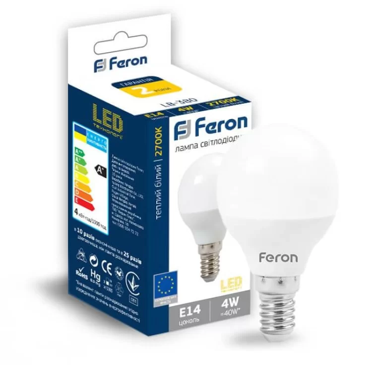 Лампа светодиодная шар P45 4W Е14 2700K LB-380 Feron цена 40грн - фотография 2