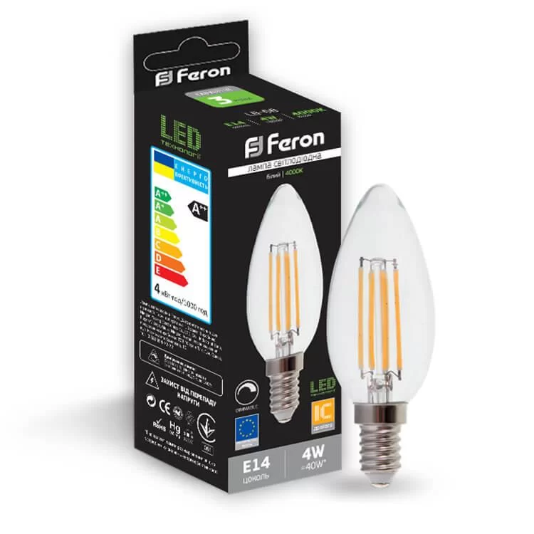 Лампа светодиодная свеча C37 4W E14 4000K FILAMENT dimm LB-68 Feron цена 1грн - фотография 2