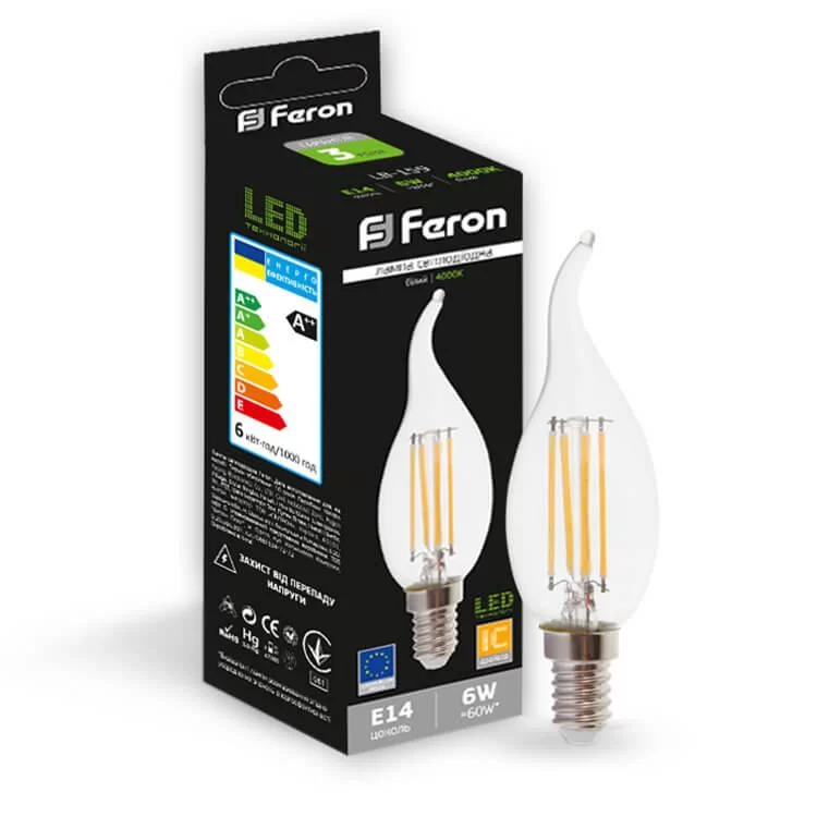 Лампа светодиодная свеча на ветру CF37 6W E14 4000K FILAMENT LB-159 Feron цена 66грн - фотография 2