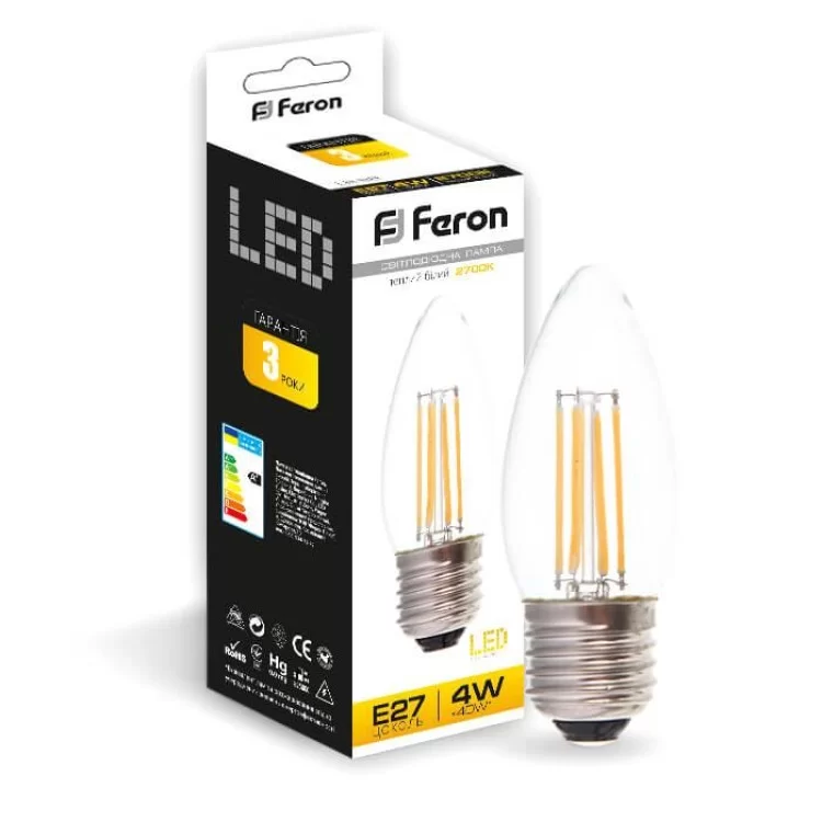 Лампа светодиодная свеча С37 4W E27 2700K 400LM FILAMENT LB-58 Feron цена 55грн - фотография 2