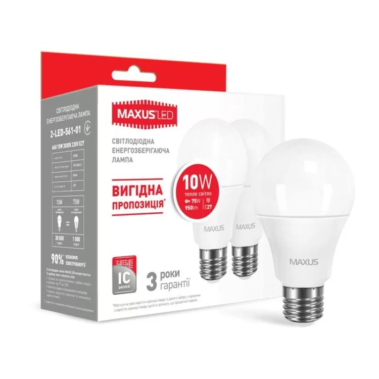 Набор светодиодных ламп Maxus A60 10Вт 3000K 220В E27 (2-LED-561-01) 2 шт цена 98грн - фотография 2