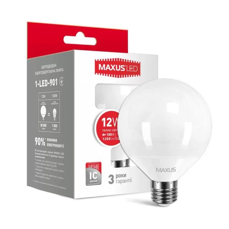 Світлодіодна лампа Maxus G95 12Вт 3000K 220В E27 (1-LED-901) ціна 97грн - фотографія 2