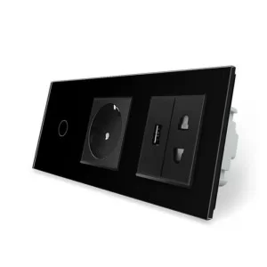 Сенсорный выключатель 1 сенсор 1 розетка 1 USB 1 розетка универсальная черный стекло Livolo