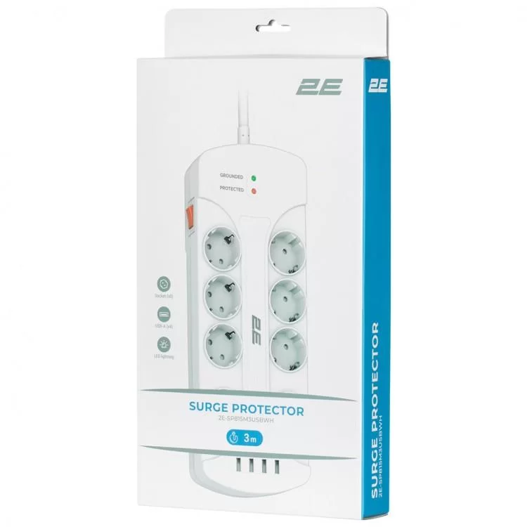 Мережевий фільтр живлення 2E 8XSchuko, 3G*1.5мм, 4*USB-A, 3м, white (2E-SP815M3USBWH) інструкція - картинка 6