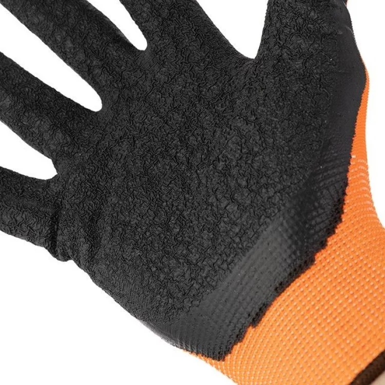 Перчатка оранжевая вязанная синтетическая, покрытая черным рифленым латексом на ладони 10 INTERTOOL SP-0121 цена 30грн - фотография 2