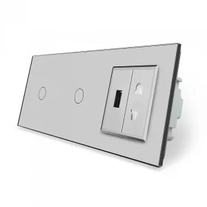 Сенсорный выключатель 2 сенсора (1-1) 1 USB 1 универсальная розетка серый стекло Livolo