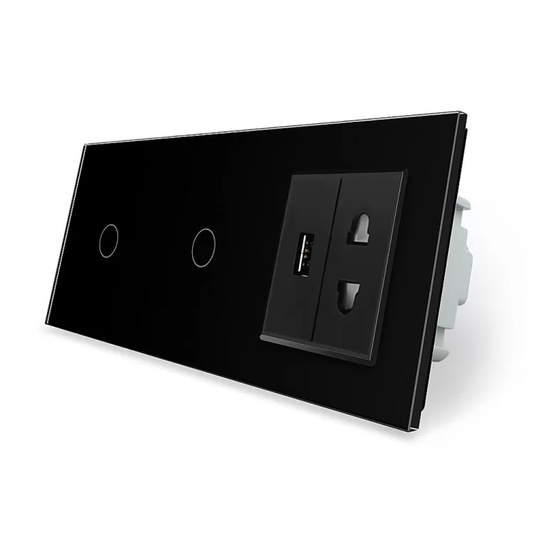 Сенсорный выключатель 2 сенсора (1-1) 1 USB 1 универсальная розетка черный стекло Livolo