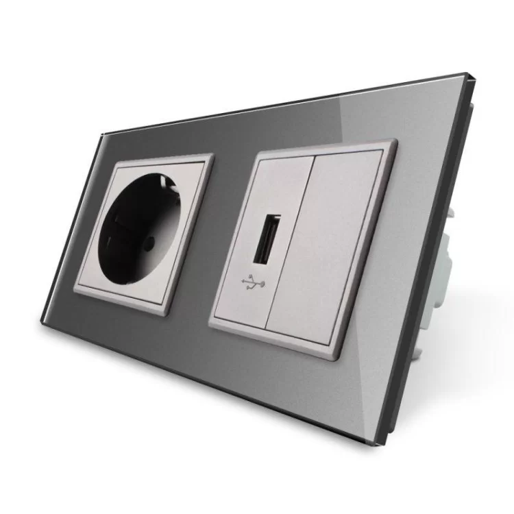 Розетка с заземлением и розетки USB Livolo серый стекло (VL-C7C1EUUSBK0-15)