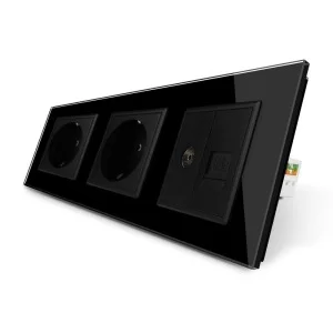 Розетка трехместная комбинированная Силовая Интернет ТВ Livolo черный стекло (VL-C7C2EU1C1V-12)