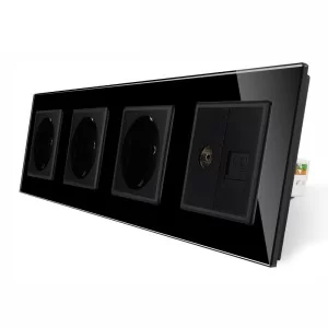 Розетка четырехместная комбинированная Силовая Интернет ТВ Livolo черный стекло (VL-C7C3EU1C1V-12)