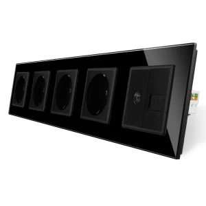 Розетка пятиместная комбинированная Силовая Интернет ТВ Livolo черный стекло (VL-C7C4EU1C1V-12)