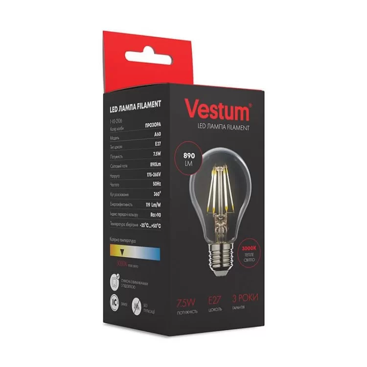 Филаментная лампа Vestum 1-VS-2106 А60 7,5Вт 3000K E27 цена 65грн - фотография 2