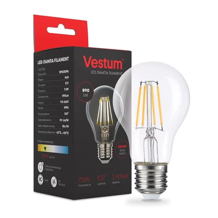 в продаже Филаментная лампа Vestum 1-VS-2106 А60 7,5Вт 3000K E27 - фото 3