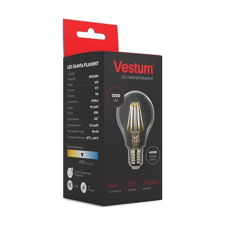 Филаментная лампа Vestum 1-VS-2109 А60 9Вт 4100K E27 цена 93грн - фотография 2