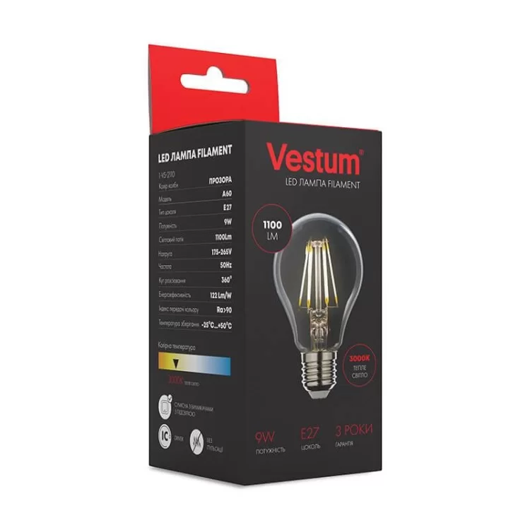 Филаментная лампа Vestum 1-VS-2110 А60 9Вт 3000K E27 цена 93грн - фотография 2
