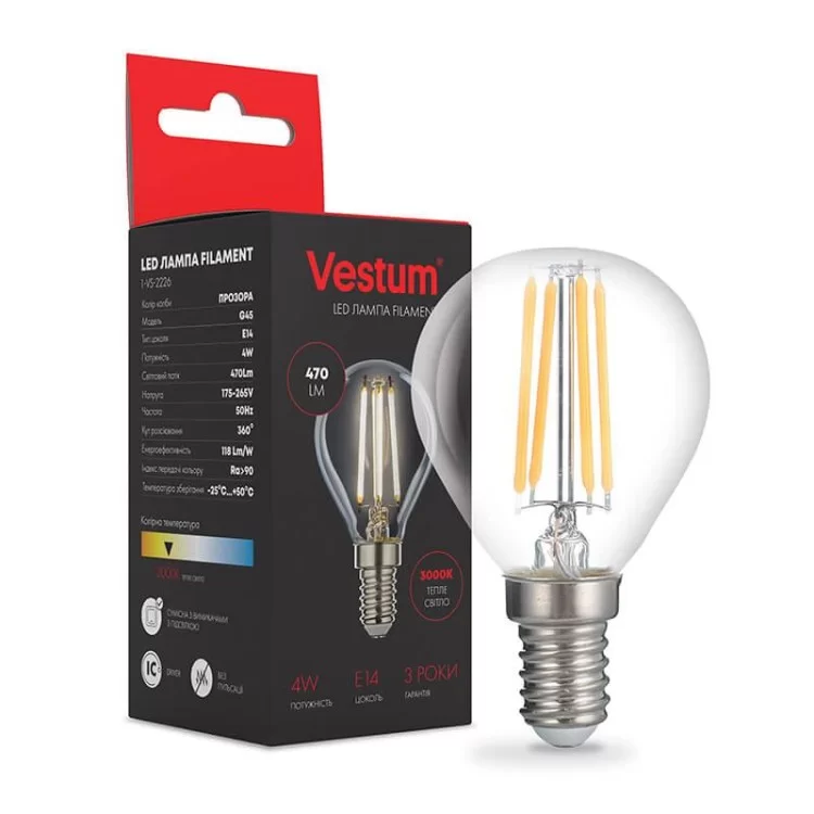 Філаментна лампа Vestum 1-VS-2226 G45 4Вт 3000K E14 ціна 44грн - фотографія 2