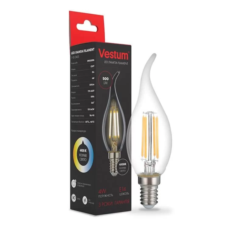 Филаментная лампа Vestum 1-VS-2405 С35T 4Вт 4100K E14 цена 44грн - фотография 2