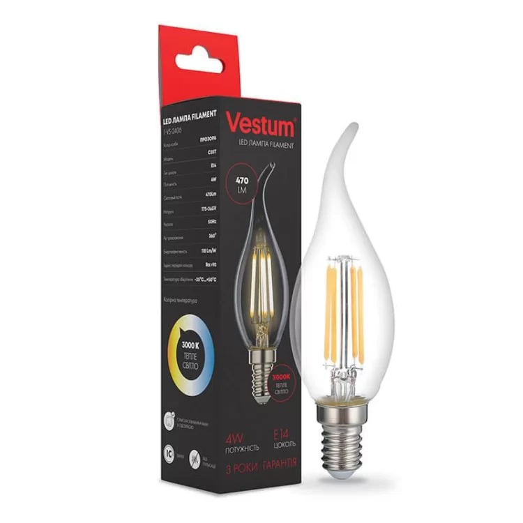 Філаментна лампа Vestum 1-VS-2406 С35T 4Вт 3000K E14 ціна 44грн - фотографія 2
