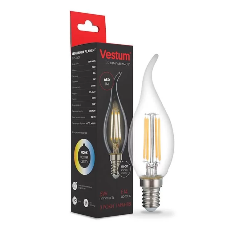 Филаментная лампа Vestum 1-VS-2409 С35T 5Вт 4100K E14 цена 43грн - фотография 2