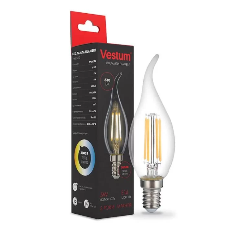 Филаментная лампа Vestum 1-VS-2410 С35T 5Вт 3000K E14 цена 50грн - фотография 2