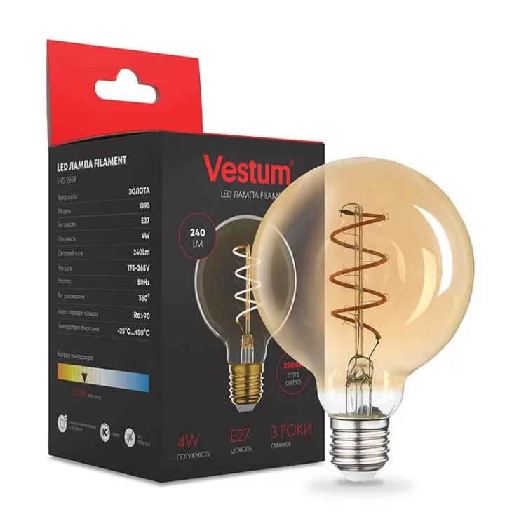 Філаментна лампа Vestum 1-VS-2503 «вінтаж» Golden Twist G95 4Вт 2500K E27 ціна 131грн - фотографія 2