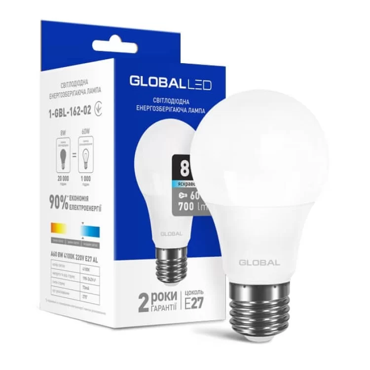 Светодиодная лампа груша Global A60 8Вт 4100K 220В E27 700лм AL (1-GBL-162-02) цена 29грн - фотография 2