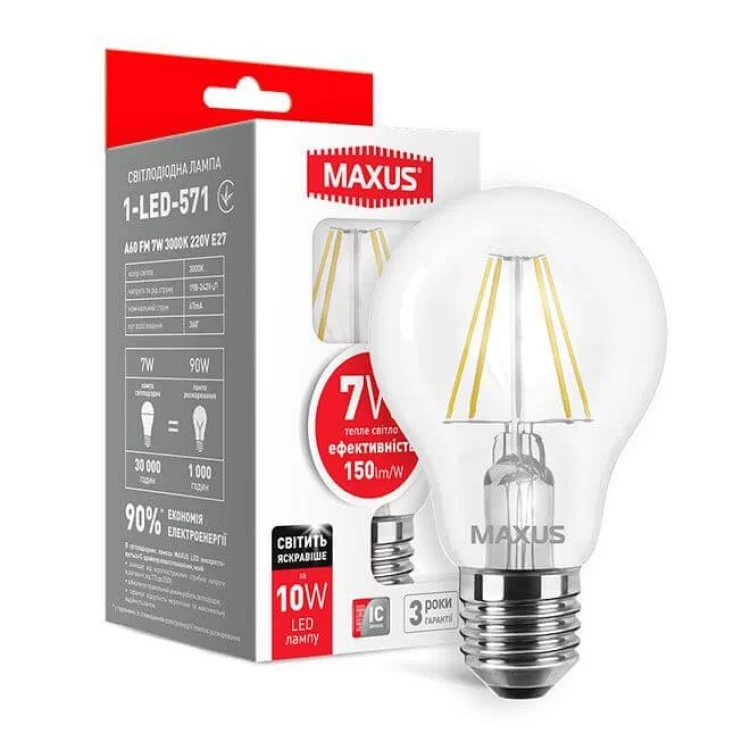 Філаментна лампа Maxus FM A60 7Вт 3000K 220В E27 (1-LED-571) ціна 94грн - фотографія 2