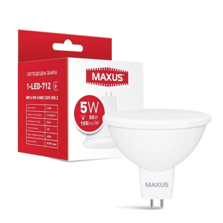 Світлодіодна лампа Maxus MR16 GU5.3 5Вт 4100K 220В (1-LED-712) ціна 79грн - фотографія 2