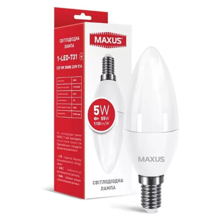 Світлодіодна лампа свічка Maxus C37 5Вт 3000K 220В E14 (1-LED-731) ціна 78грн - фотографія 2