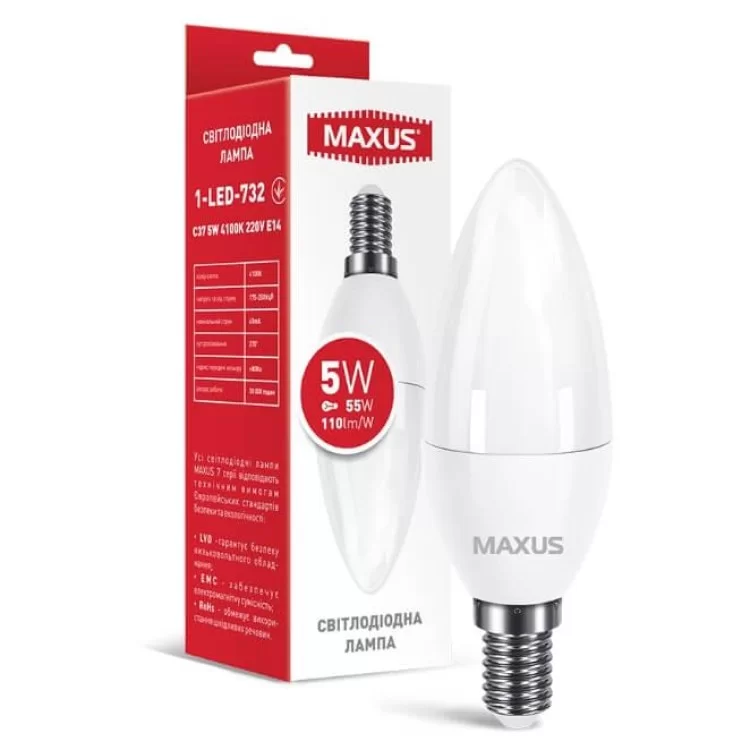 Светодиодная лампа свеча Maxus C37 5Вт 4100K 220В E14 (1-LED-732) цена 78грн - фотография 2