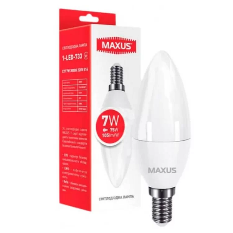 Светодиодная лампа свеча Maxus C37 7Вт 3000K 220В E14 (1-LED-733) цена 69грн - фотография 2