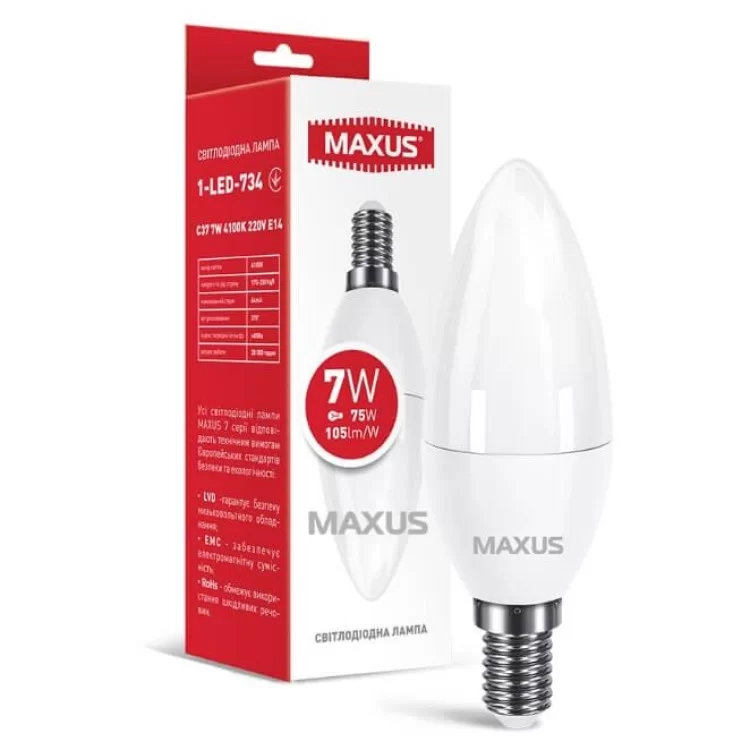 Светодиодная лампа свеча Maxus C37 7Вт 4100K 220В E14 (1-LED-734) цена 102грн - фотография 2