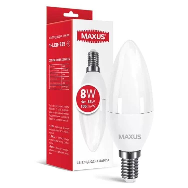 Светодиодная лампа свеча Maxus C37 8Вт 3000K 220В E14 (1-LED-735) цена 88грн - фотография 2