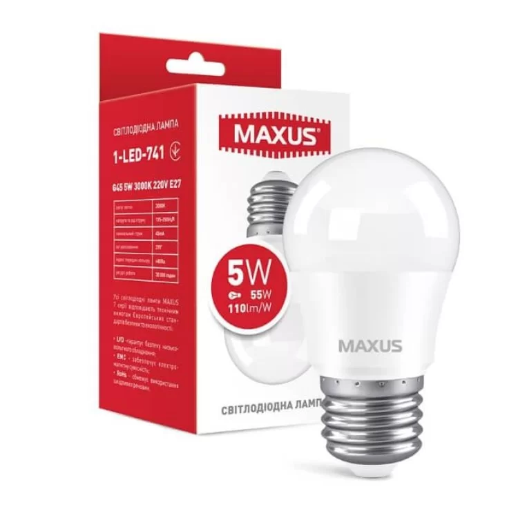 Светодиодная лампа Maxus G45 5Вт 3000K 220В E27 (1-LED-741) цена 78грн - фотография 2