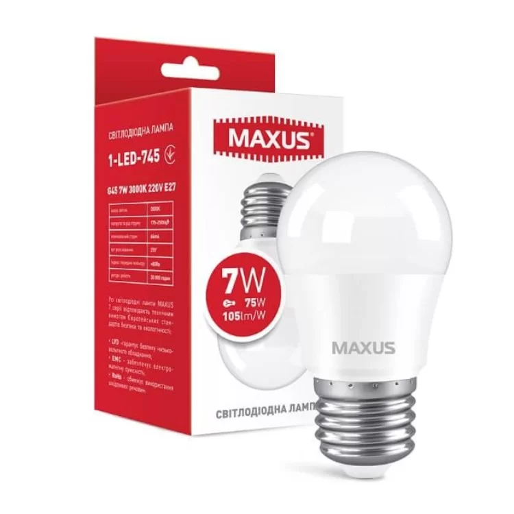 Светодиодная лампа Maxus G45 7Вт 3000K 220В E27 (1-LED-745) цена 102грн - фотография 2