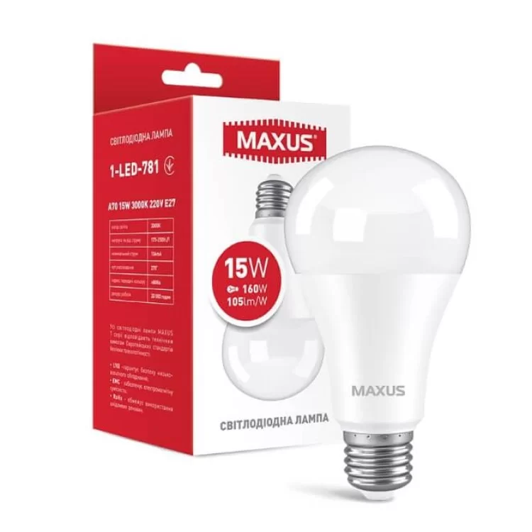 Светодиодная лампа груша Maxus A70 15Вт 3000K 220В E27 (1-LED-781) цена 144грн - фотография 2