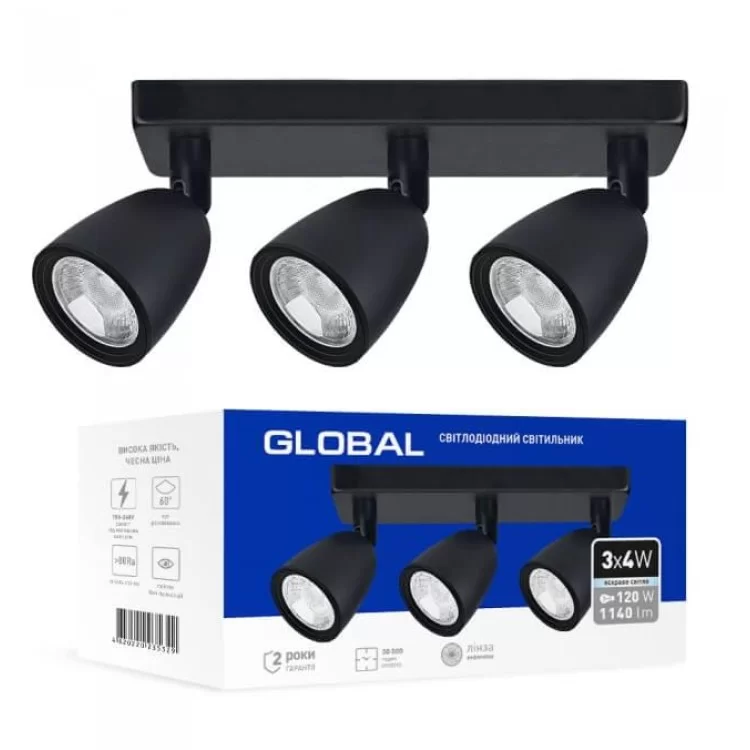 Накладний потрійний світильник спот Global GSL-01S 12Вт 4100K на прямокутній основі (чорний) 3-GSL-11241-SB ціна 1 094грн - фотографія 2