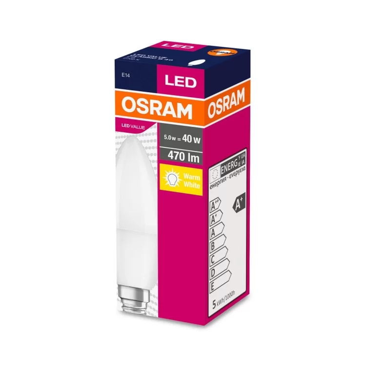 Светодиодная лампа свечка Osram 4052899326453 VALUE B40 5Вт 470Лм 2700K E14 цена 44грн - фотография 2
