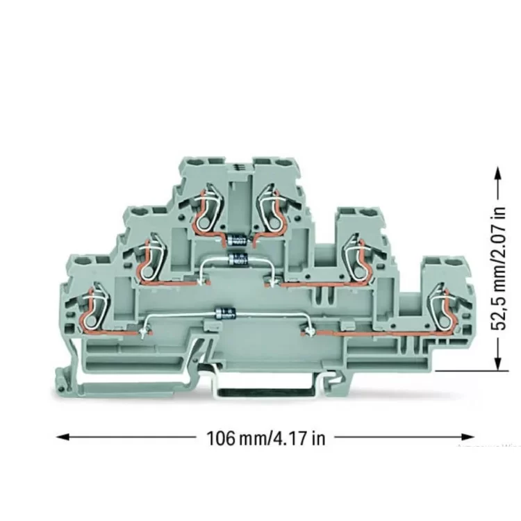 Трехуровневая клемма Wago 870-596/281-673 с диодом 1N4007 для DIN-рейки (анод справа) 2,5мм² (серая) цена 585грн - фотография 2