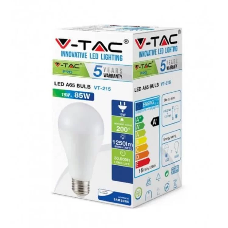Світлодіодна лампа V-TAC 3800157627726 SKU-159 SAMSUNG CHIP Plastic A65 E27 15Вт 3000К ціна 59грн - фотографія 2