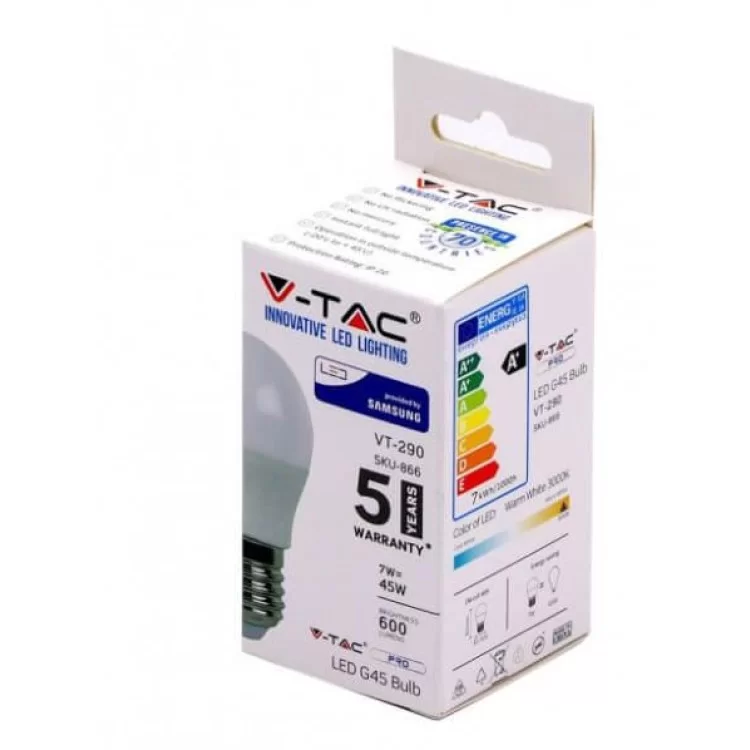 Светодиодная лампа V-TAC 3800157640121 SKU-867 SAMSUNG CHIP Plastic G45 E27 7Вт 4000К цена 49грн - фотография 2