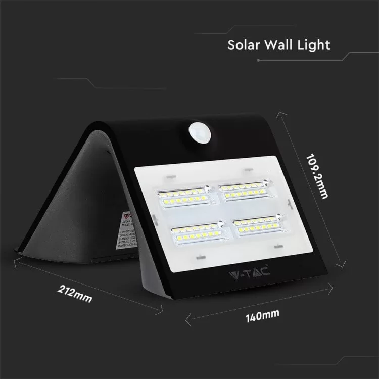 Уличный LED светильник V-TAC 3800157652636 SKU-7528 Solar LED 3Вт 3000K+4000K с датчиком движения (черный) обзор - фото 8