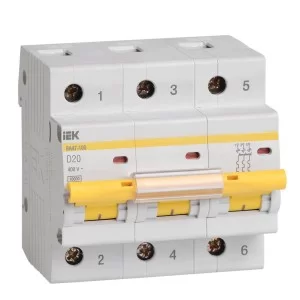 Автоматичний вимикач IEK MVA40-3-020-D ВА47-100 3Р 20А 10кА характеристика D