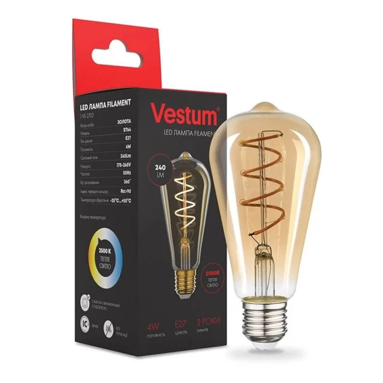 Филаментная LED лампа Vestum 1-VS-2703 ST64 Е27 4Вт 220В 2500К golden twist «винтаж» цена 119грн - фотография 2