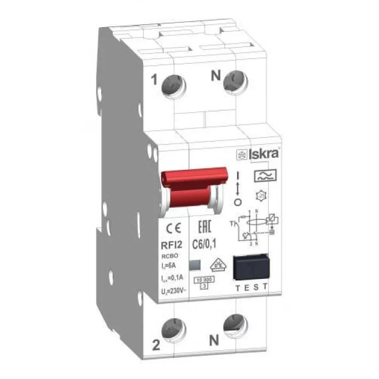 Дифференциальный автоматический выключатель RFI2 С6A, 1P+N, 10мА