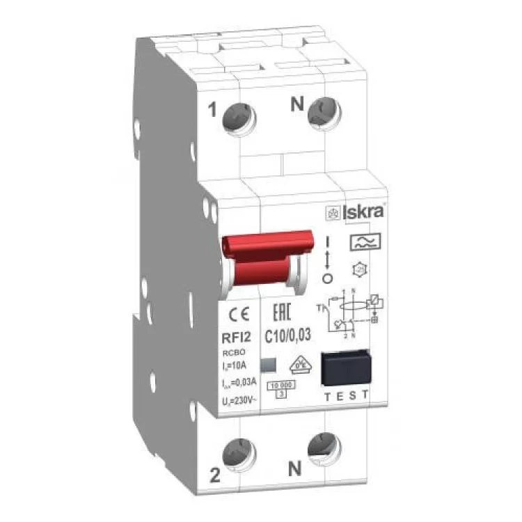 Дифференциальный автоматический выключатель RFI2 С10A, 1P+N, 30мА
