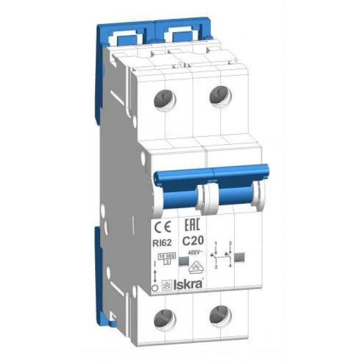 Модульный автоматический выключатель RI62 C20A, 2P, 10кА