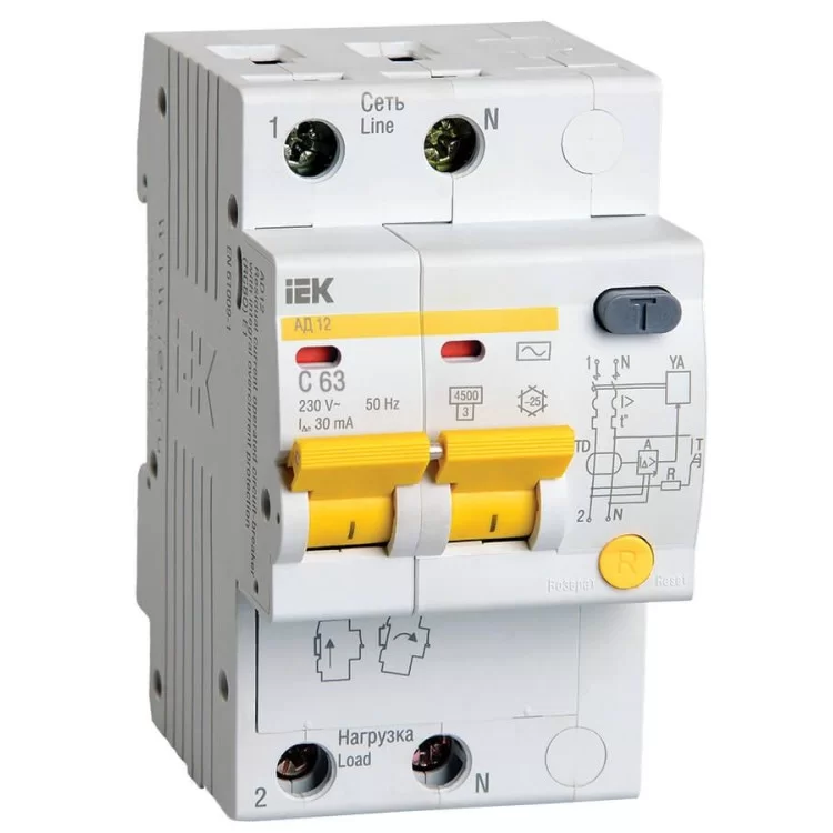Диференційний автоматичний вимикач IEK АД12 2Р, 63А, 30мА