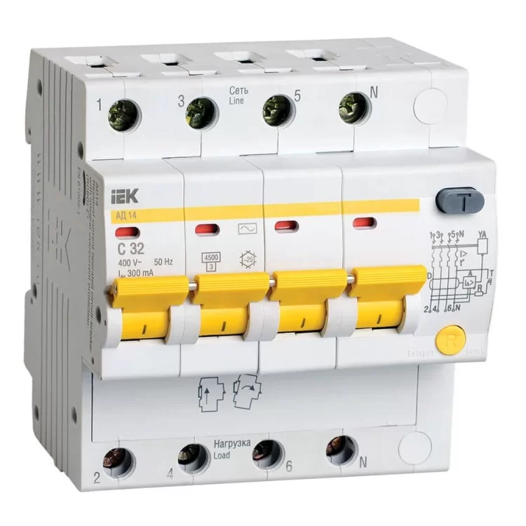 Диференціальний автоматичний вимикач IEK АД14 4Р, 32А, 300мА