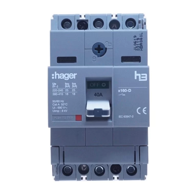 в продаже Автоматический выключатель Hager x160, In=40А, 3п, 18kA - фото 3